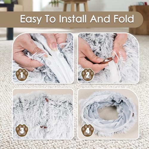 Baseola Fuzzy Cat Tunnel Bed for Indoor Cats, 2-in-1 Interactive Cat Toys | Peekaboo Cat Cave with Washable Mat, Collapsible Cat Play Tunnel for Kittens & Small Pets, Plush Cat Donut Bed Tunnel, Grey - color: Grey