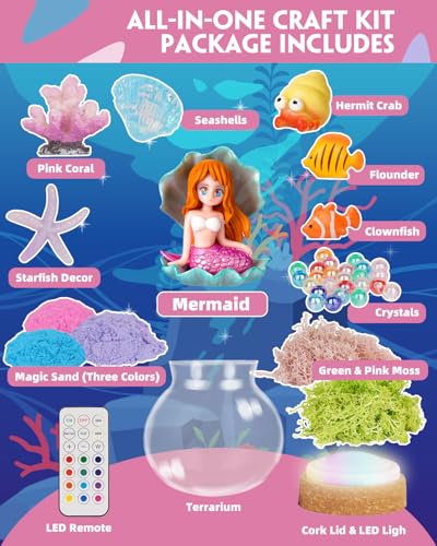 Winnrok Mermaid Terrarium Kit for Girls - DIY Night Light Craft with 13-Color LED, Remote & Timer. Ideal Easter Basket Stuffers, Birthday Gift for Kids Ages 4-8-12. Create Underwater Garden