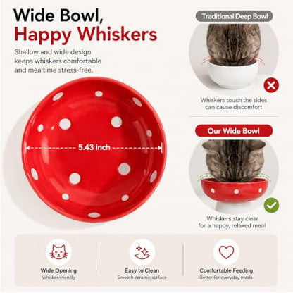 Red Mushroom Cat Bowl, Elevated Ceramic Bowl for Cats | Cute Mushroom, Elevated, Ceramic, Whisker Friendly, Wide Opening, Stable, Easy Clean - color: Red