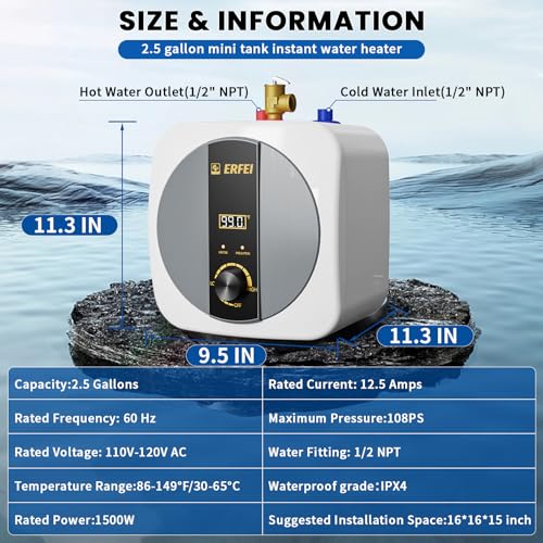 2.5 Gallon Electric Mini Tank Water Heater, 110V 1500W Under Sink Instant Hot Water Heater with Digital Display, Pressure Relief Valve for RV, Camper, Kitchen, Garage, Food Truck