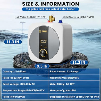 2.5 Gallon Electric Mini Tank Water Heater, 110V 1500W Under Sink Instant Hot Water Heater with Digital Display, Pressure Relief Valve for RV, Camper, Kitchen, Garage, Food Truck