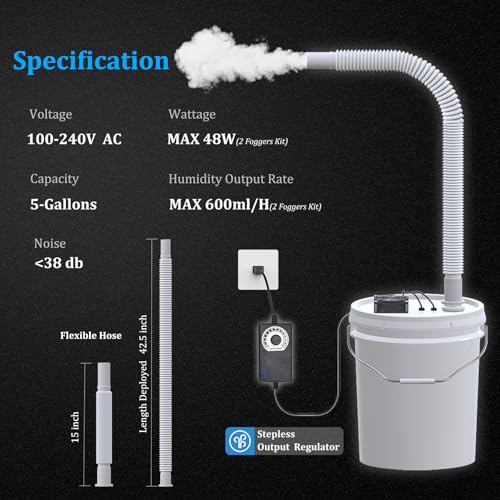 19L Large DIY Humidifier Kit for Plants & Mushrooms (2-Fogger, Double Mist) | Ideal for Grow Tent, Greenhouse, Terrarium | Turns a 5 Gallon Bucket into Cool Mist Humidifier, Extendable Hose, Long Runtime - size: 2-Fogger