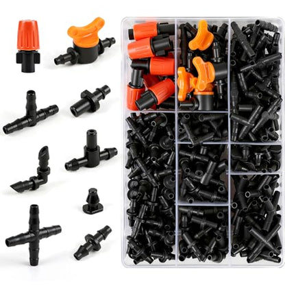 RedChili 290 Pack Drip Irrigation Fittings Kit for 1/4" Tubing, Complete Set with Barbed Connectors (Misting Nozzles, Flat Tees, Single Barbs, Valves, Couplings, Valves, Tees, Elbows, Plugs, Crosses) - size: 1/4" Connection Kit-290P
