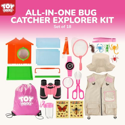 TOY Life Kids Explorer Kit with Bug Catcher for Kids, Bug Catching Kit with Bug Toys, Kid Safari Vest & Hat, Compass, Binoculars, Magnifying Glass, Educational Outdoor Toys Girls Kid Adventure Kit - color: 18 Pcs-pink