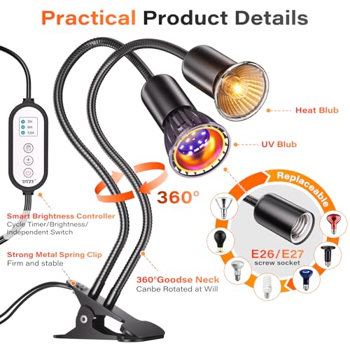 UV Reptile Heat Lamp, UVA UVB Reptile Light with Clamp and Intelligent Cycle Timer for Turtle, Bearded Dragon, Lizard and More,2 Bulbs 50W+UVAUVB