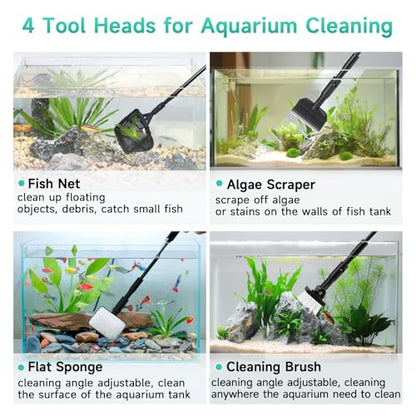 hygger Small Aquarium Cleaning Tools, 4 in 1 Fish Tank Cleaner Kit with Handle,Fish Net,Algae Scraper,Clean Brush,Flat Sponge - size: Small