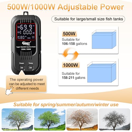 hygger Aquarium Heater, 500W/1000W Adjustable Power Fish Tank Heater with Digital Display External Controller, Automatic Power-Off Protection Heater for 106-211 Gallons Freshwater and Saltwater Tank - size: 500W/1000W Adjustable Power