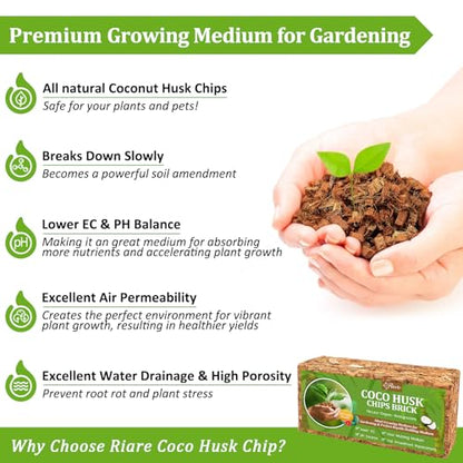 Riare 8 Pack Organic Coco Coir Chips for Plants, 8.8 lb Coconut Husk Bricks | Low EC & pH-Balanced Coco Husk Substrate with Drainage & Aeration, High-Expansion Mulch for Landscaping, Orchids & Soil Mix - size: 8 Pack
