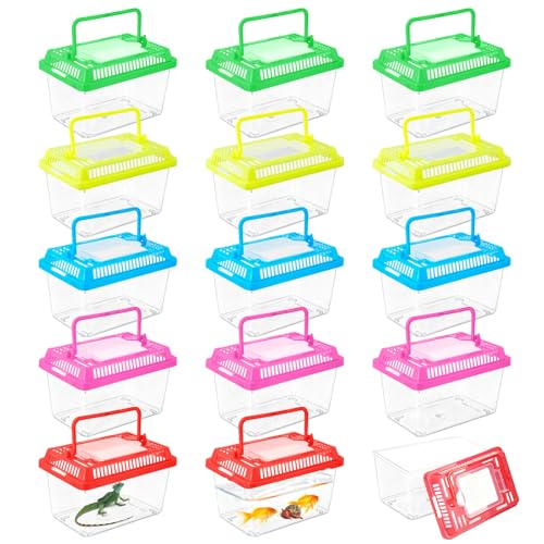 15 Pcs Small Plastic Reptile Carrier, Tarantula Enclosure Snake Breeding Box, Mini Fish Tank Portable, Beach Aquarium for Turtle Hermit Crab Spider Snake Bearded Lizard (5.1 x 3.5 x 3.5)