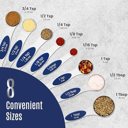Magnetic Measuring Spoons Set of 9 Stainless Steel Dual-Sided Stackable Measuring Spoon Nesting Teaspoons Measuring Dry and Liquid Ingredients, Fits in Spice Jars Set of 9 (Sapphire) - color: Sapphire