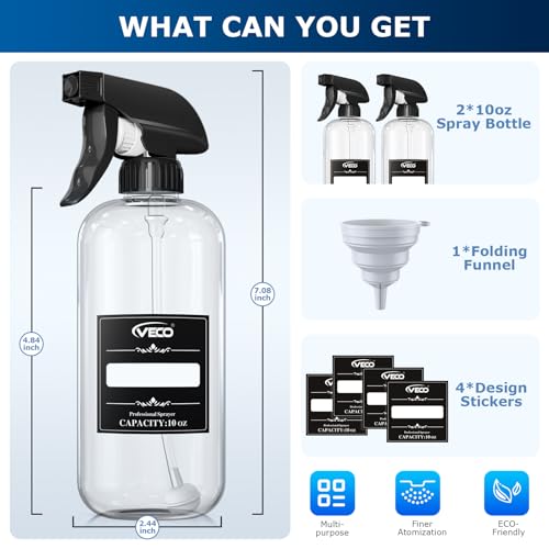 Veco 300mL (10oz) 360° Spray Bottles, 2-Pack — Adjustable Nozzle, Leak-Resistant spray bottles for Cleaning, Plants, Hair & Pet Use + Foldable Funnel - size: 10oz