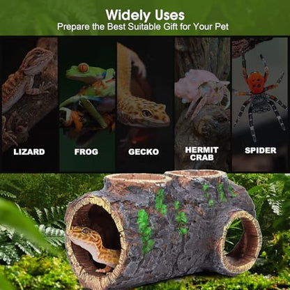 MECESOR Magnetic Reptile Hide with Waterer & Feeder Trough,Resin Hollow Tree Gecko Hideout Cave,Non-Toxic Climbing Toy Terrarium Decor for Green Anole,Tree Frog Climbing Accessories,Grey