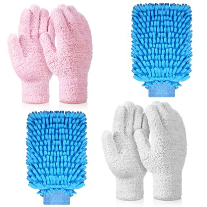 Potchen 6 Pcs Microfiber Dusting Mitt Gloves for Plants Washable Dusting Gloves for House Cleaning Furniture Car Washing - color: Pink,white,blue