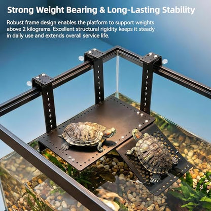 Adjustable Hanging Acrylic Turtle Basking Platform 14x8 for 0.3-2" Tanks | Black acrylic turtle dock with ramp fits 0.3"-2" thick aquarium rims. Acrylic basking platform for aquatic tanks. - size: 14'' x 8''