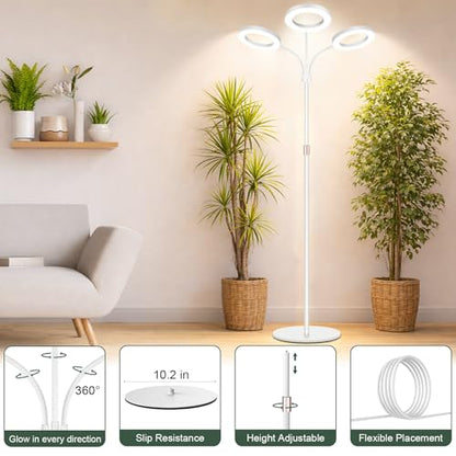 LBW 3-Head Grow Light with Stand for Indoor Plants, Full Spectrum Grow Light for Tall Large Plants, Adjustable Height up to 68", Auto Cycle Timer 6/8/12/16H, 5-Level Dimming, 3 Lighting Modes,White - size: 3 Head 6.3" White