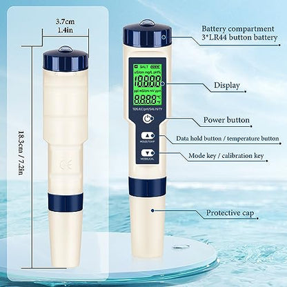PH Meter & TDS Meter Digital Water Tester 5 in 1 Salinity Tester PH Temp EC and TDS Meter,PH Meter for Water with LCD Backlit,Water Testing Kits for Drinking Water,Wine,Swimming Pool,Hot Tub Spas. - size: 5-1