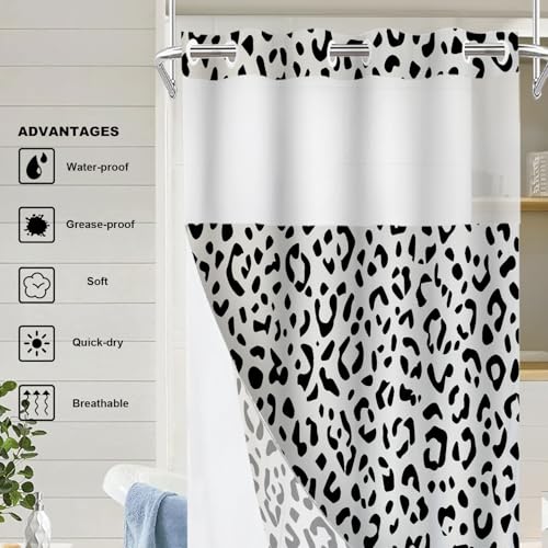 Grey Leopard Print No Hooks Shower Curtain with Snap in Liner Set, Jaguar Skin Seamless Dots Print Tub Curtainn Mesh Top Window & Magnetic Hem Waterproof 35.5X74 Inch - color: Animal Leopard Print Black3, size: 35.4"W x 74"L (Pack of 1)