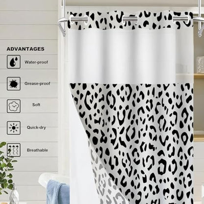 Grey Leopard Print No Hooks Shower Curtain with Snap in Liner Set, Jaguar Skin Seamless Dots Print Tub Curtainn Mesh Top Window & Magnetic Hem Waterproof 35.5X74 Inch - color: Animal Leopard Print Black3, size: 35.4"W x 74"L (Pack of 1)