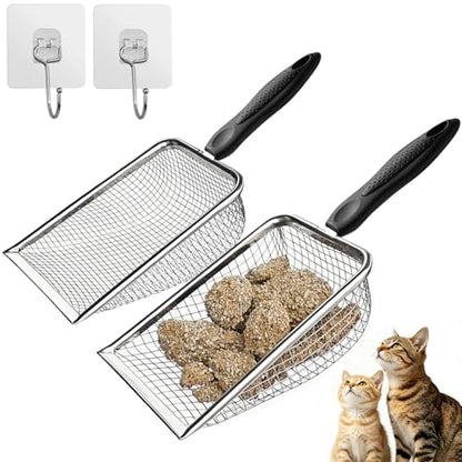 2 Pack Cat Litter Scoop with 3.8mm & 5mm Mesh – Stainless Steel Kitten Litter Scoop with 2 Adhesive Hooks, Metal Cat Poop Scooper for All Litter Types, Efficient Sifting & Easy Cleaning for Litter Box