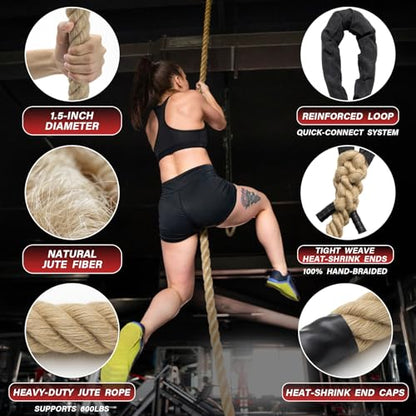 Climbing Rope Gym Workout - 10FT 15FT 20FT 25FT 30FT 35FT Heavy Duty Jute Thick Ropes for Adults Strength Training Outdoor Tree Swing Indoor Home Fitness Exercise - 1.5 Inch - size: 25FT