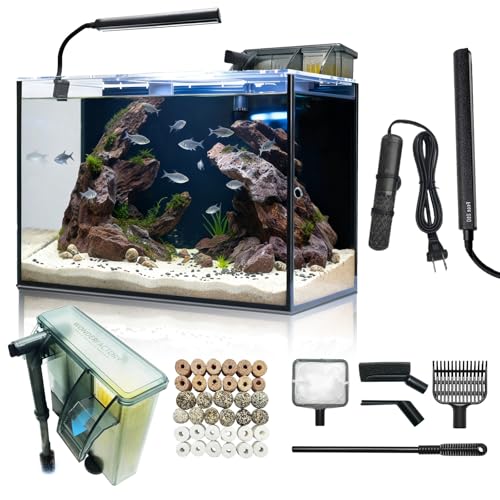 10 Gallon Aquarium Set Glass Fish Tank, Heater Self Cleaning System Filter with Media Bright Light Cleaning Tool, Leak-Proof Clear Rimless Betta Tropical Freshwater Fish - size: 10 Gallon