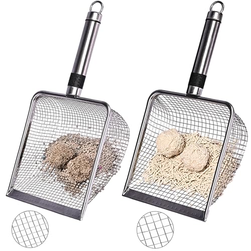 2-Pack Stainless Steel Cat Litter Scoop, 3.8mm Fine Mesh & 5mm Metal Scooper, 5.5-Inch Wide Deep Shovel, Long Handle, Rustproof Cat Poop Scooper for Clumping Litter, Multi-Pet & Beach Sand