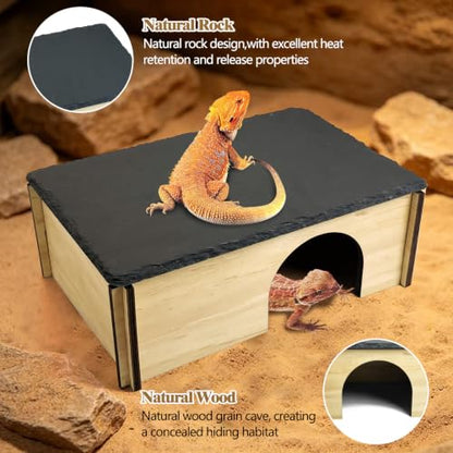 Tfwadmx Bearded Dragon Basking Platform with Hideout Wooden Lizard Hideout Reptile Slate Rocks Basking Platform with Hiding Cave Tank Accessories for Lizards Snakes Tortoise - size: Style 2: 11.8" x 7.9" x 3.9"
