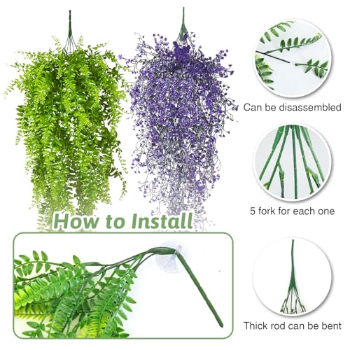 PINVNBY 2 Pack Reptile Plants Terrarium Hanging Fake Vines with Suction Cup Artificial Leaves for Bearded Dragons Lizards Geckos Snake Hermit Crab (Purple and Green) - color: 2 Pcs ( Green and Purple )