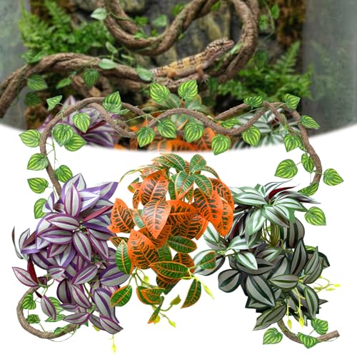 5 Pcs Reptile Plants & Habitat Decor Kit - 3 Artificial Hanging Plants & Large 3.3ft Jungle Vine Branch, Terrarium Tank Climbing Accessories for Crested Gecko, Bearded Dragon, Lizard, Snake, Chameleon - color: Zebrina,croton