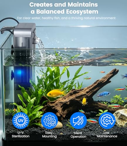 Aquarium Filter with U-V Light, Internal Fish Tank Filter for Up to 40 Gallon, Turtle Tank Filter Bio-Filtration, Ultra-Silent, and Green Water Clean - size: Up to 40 Gallon