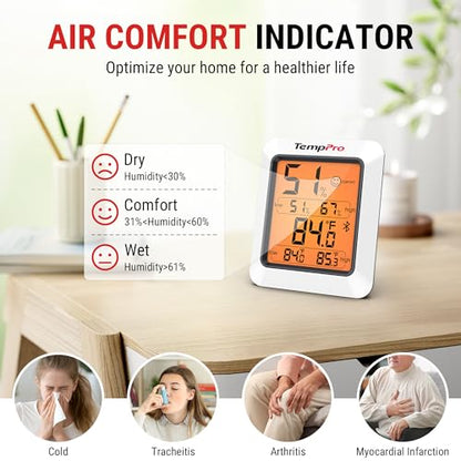 TempPro TempAir Bluetooth Hygrometer Thermometer for Greenhouse Up to 260ft | Room Indoor Thermometer Humidity Monitor, Humidity Meter Temperature Sensor with 2-Year Data Export&Large Backlit Screen, 2PC - size: Bluetooth