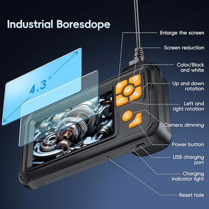 50FT Inspection Endoscope Camera with Light,1080P HD Borescope Camera | IP67 Waterproof Sewer Camera with 8 LED Lights Snake Camera with 4.3" IPS Screen, Semi-Rigid Cable for Auto & Plumbin Tools - size: 50FT