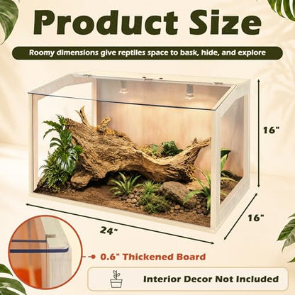 Bearded Dragon Tank, Lizard Tank with Clear Tempered Glass, Anti-Scratch Reptile Enclosure, Reptile Tank Built-in Light Fixtures with Switch (24X16X16inch,24 Gallon) - color: Transparent Roof, size: 24X16X16inch,24 Gallons