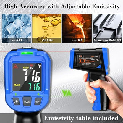 FKM Infrared Thermometer Gun -58°F~1112°F,Non Contact Laser Thermometer Gun | Adjustable Emissivity,Digital IR Temperature Gun for Kitchen Cooking,Griddle,Pizza Oven,HVAC,Engine,Industrial,Not for Human - color: Blue