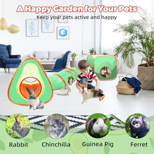 YUEPET Rabbit Tunnel & Cube Tent, Bunny Hideout, Guinea Pig Tunnel, Avocado | Foldable 3-in-1 Set, Bunny Tunnel, Crinkle Fabric, Play Ball Included, Configurable Shapes - color: Avocado
