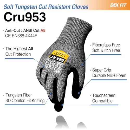 DEX FIT Cut Resistant Gloves Cru953 - Level A8 Tungsten Protection, Itch-Free 3D Comfort Fit, Durable Grip, Thin & Breathable, Touchscreen, Ideal for Tough Handling; Steel Grey M (8) 1 Pair - color: Steel Grey, size: Medium