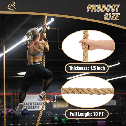 Gym Climbing Rope, Indoor Outdoor Climbing Ropes - Climbing Rope for Adults - 10ft Length, 1.5" Diameter, Climbing Ropes with Hook for Indoor and Outdoor Fitness