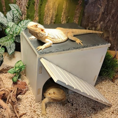 Large Bearded Dragon Basking Platform,Wooden Reptile Hide Cave with Slate Rock Climbing Ramp Tank Accessories for Leopard Geckos,Lizard,Snake,Tortoise (Medium) - size: M:9.1×7.1×7.8"