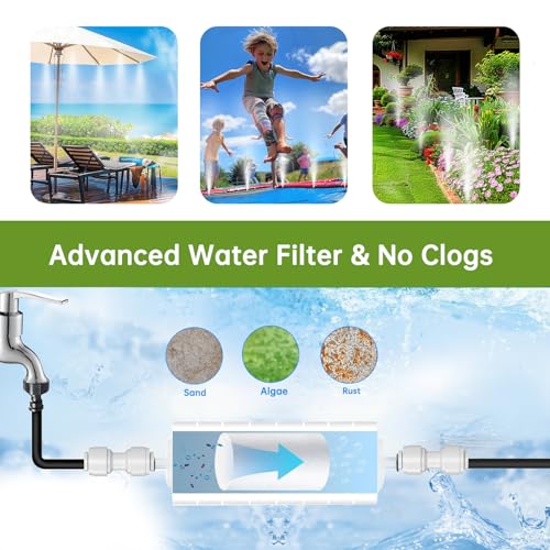 100FT Misting Cooling System for Patio & Garden - Brass Nozzles, UV-Resistant Tubing, DIY Installation - Water-Saving Backyard Mister for Outdoors, Greenhouse, Trampoline, Pool, BBQ Parties - size: 100FT