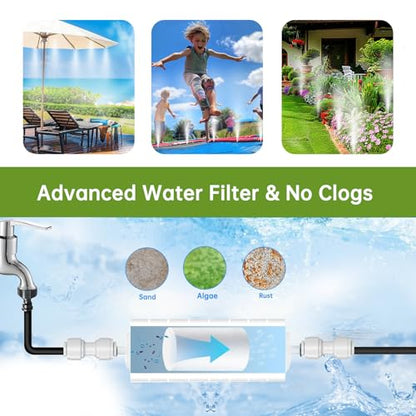 100FT Misting Cooling System for Patio & Garden - Brass Nozzles, UV-Resistant Tubing, DIY Installation - Water-Saving Backyard Mister for Outdoors, Greenhouse, Trampoline, Pool, BBQ Parties - size: 100FT