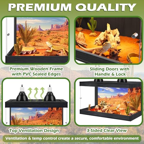 Royxen Bearded Dragon Tank, 30 Gallons Tempered Glass Reptile Terrarium with Metal Mesh Top, 3-Side Clear Anti-Scratch Glass Lizard Tank for Reptile Habitat (Black, 24" Length) - color: Black, size: 30Gal,24x16x16inch
