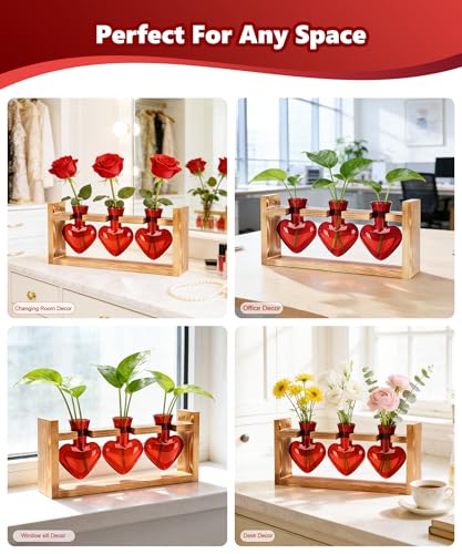 Plant Terrarium with Wooden Stand, 3 Heart Bulb Glass Vases | Wooden Stand Tabletop for Air Planter, Gifts for Mom Plant Lovers Mom Women Wife Grandma - color: Red