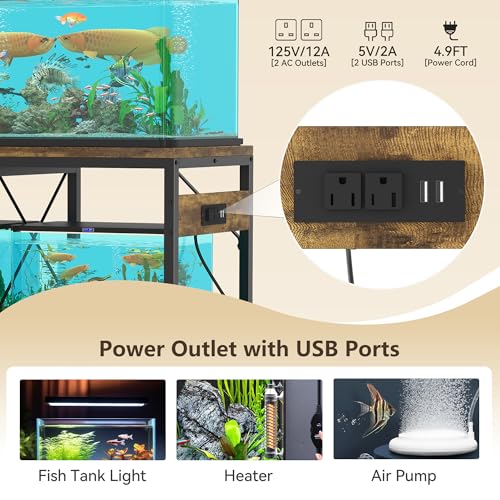Heybly 40-50 Gal Fish Tank Stand with Drawer, Power Outlet, Rustic HAS004SR | Aquarium Stand, Heavy Duty, for Fish Tank, Turtle & Reptile Terrarium, 36.2" L × 18.1" Top, 660lbs (Top)+330lbs(Mid) - color: Rustic Brown, size: 40-50 gal