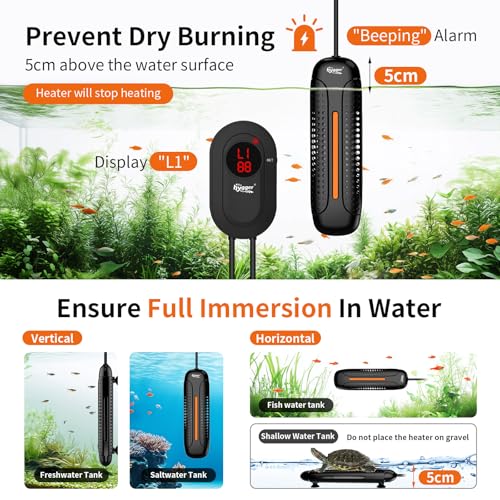 hygger 800W Aquarium Heater with LED Controller, 80-220 Gallon Fish Tank | Anti-Cooking Fish Alarm, Auto Stop Heating Protection, Multiple Security Features, for Freshwater and Saltwater Tanks - size: 800W for 80-220 Gallon