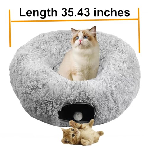 Cat Bed Tunnel Tube Toy Grey Plush | Collapsible Round Tunnels for Indoor Cats, Interactive Toys Play Tubes with Hanging Ball for Kitten, Puppy, Rabbit - color: Grey Plush O