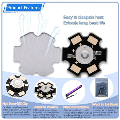 365nm UV LED Chip Bulb,5PCS Purple High Power COB Light Beads with Aluminum Plate 20mm Star PCB Base Heat Sink,for Repairing Lamps, DIY Lighting (700mA,3.2-3.6V,140deg,365-370nm) - color: Uv
