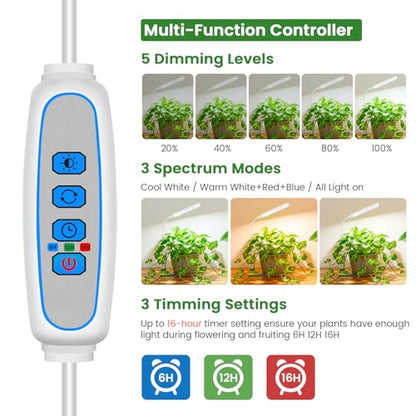Small Grow Lights for Indoor Plants with Base, Full Spectrum | 52 Red/Blue/White LEDs, Gooseneck, 6.5-26in Height, Timer & Dimming, with Base or Stake, for Small Plants, White, 1 Pack - size: 1 Pack