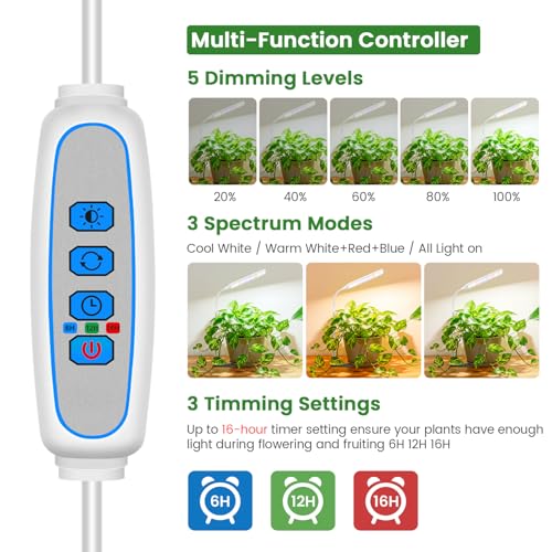 Small Grow Lights for Indoor Plants with Base, Full Spectrum | 52 Red/Blue/White LEDs, Gooseneck, 6.5-26in Height, Timer & Dimming, with Base or Stake, for Small Plants, White, 2 Pack - size: 2 Pack