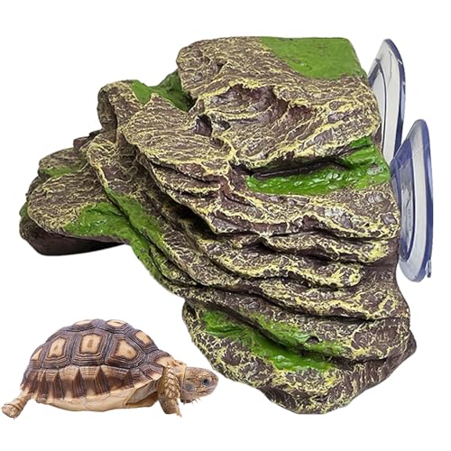 kathson Turtle Basking Platform Floating Turtle Dock Baby Tortoise Climbing Ramp Shale Reptiles Dock Resting Terrace Stone Aquarium Ornament for Frogs Newts (Green Size:7.1”Lx6.3”Wx2.7”H)