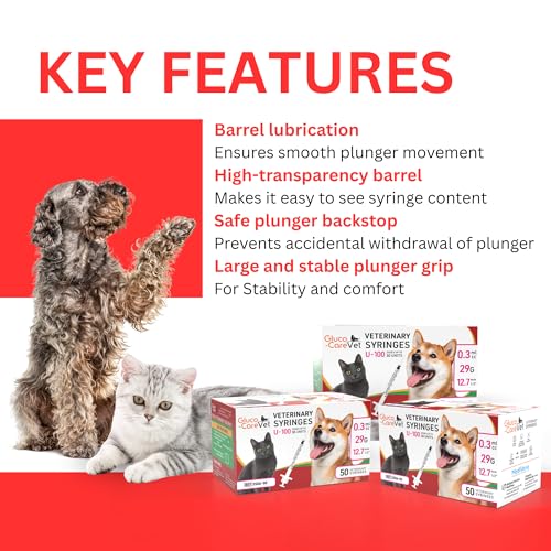 U-100 Pet -Veterinary Syringe 29G x 1/2" (12.7mm), 0.3ml (0.3cc) | Size 0.3 ml/cc, 50/bx, for Dogs & Cats, Veterinary Use Only, Half-Unit Markings, Clear Barrel, Fine Tip
